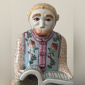 Vintage Chinoiserie Monkey Seated Blue Vest Reading Book, Handpainted AS-IS
